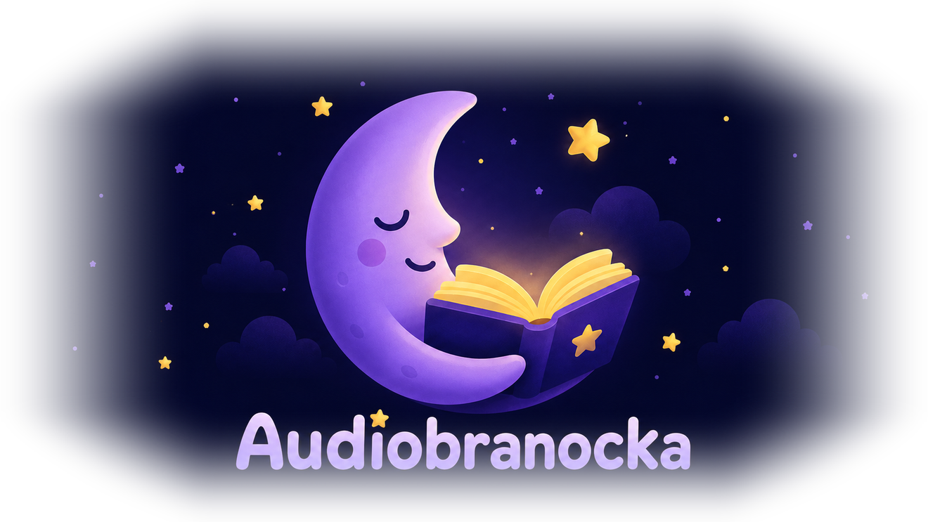 Audiobranocka — logo z księżycem czytającym książkę
